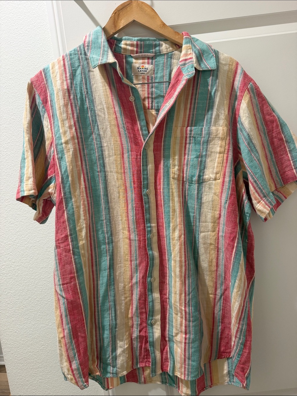 Marine Layer Short-Sleeve Button-Down Shirt in Teal, Red, Yellow Stripes